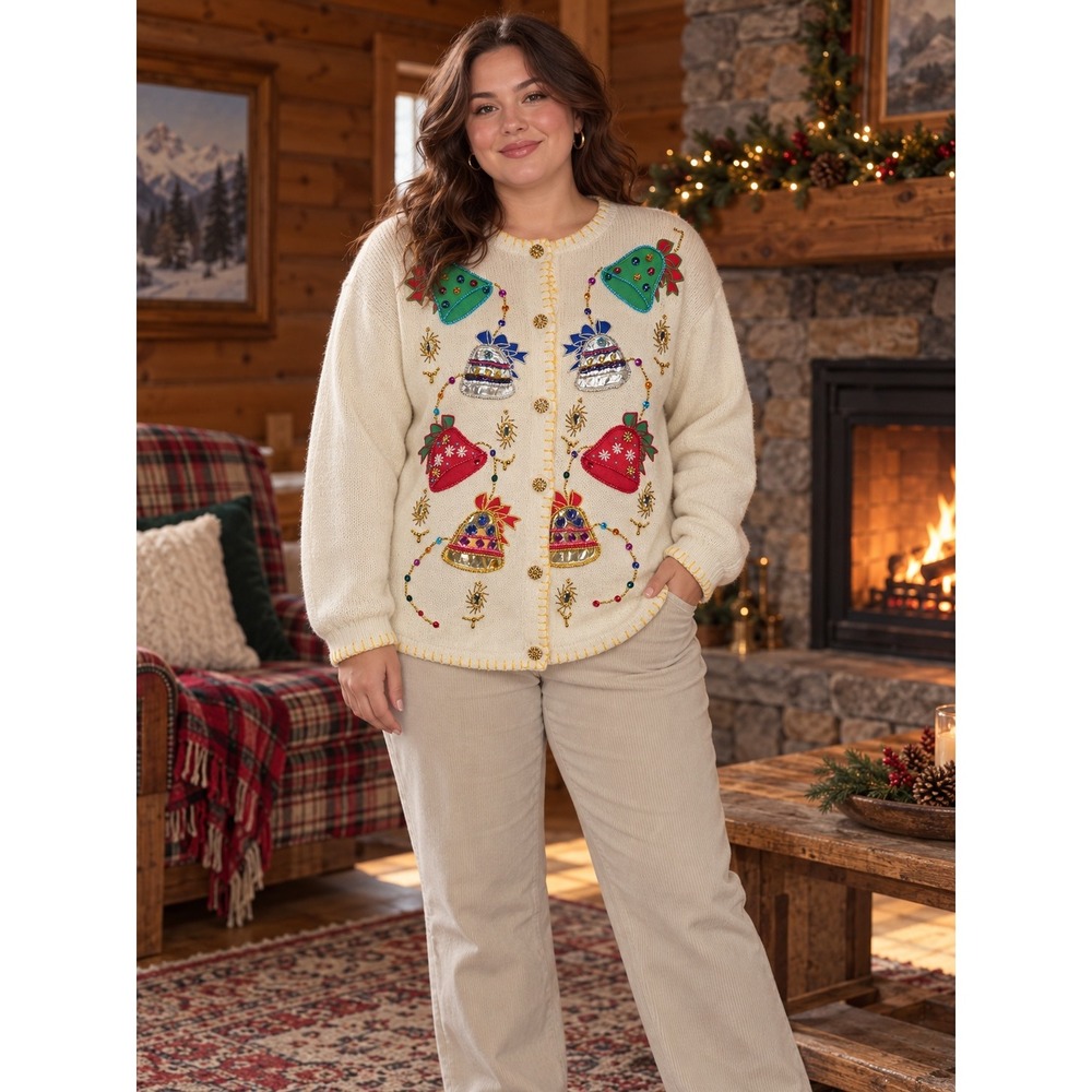 Victoria Harbour Novelty Christmas Bell Cardigan Women XL Off-White Vintage
